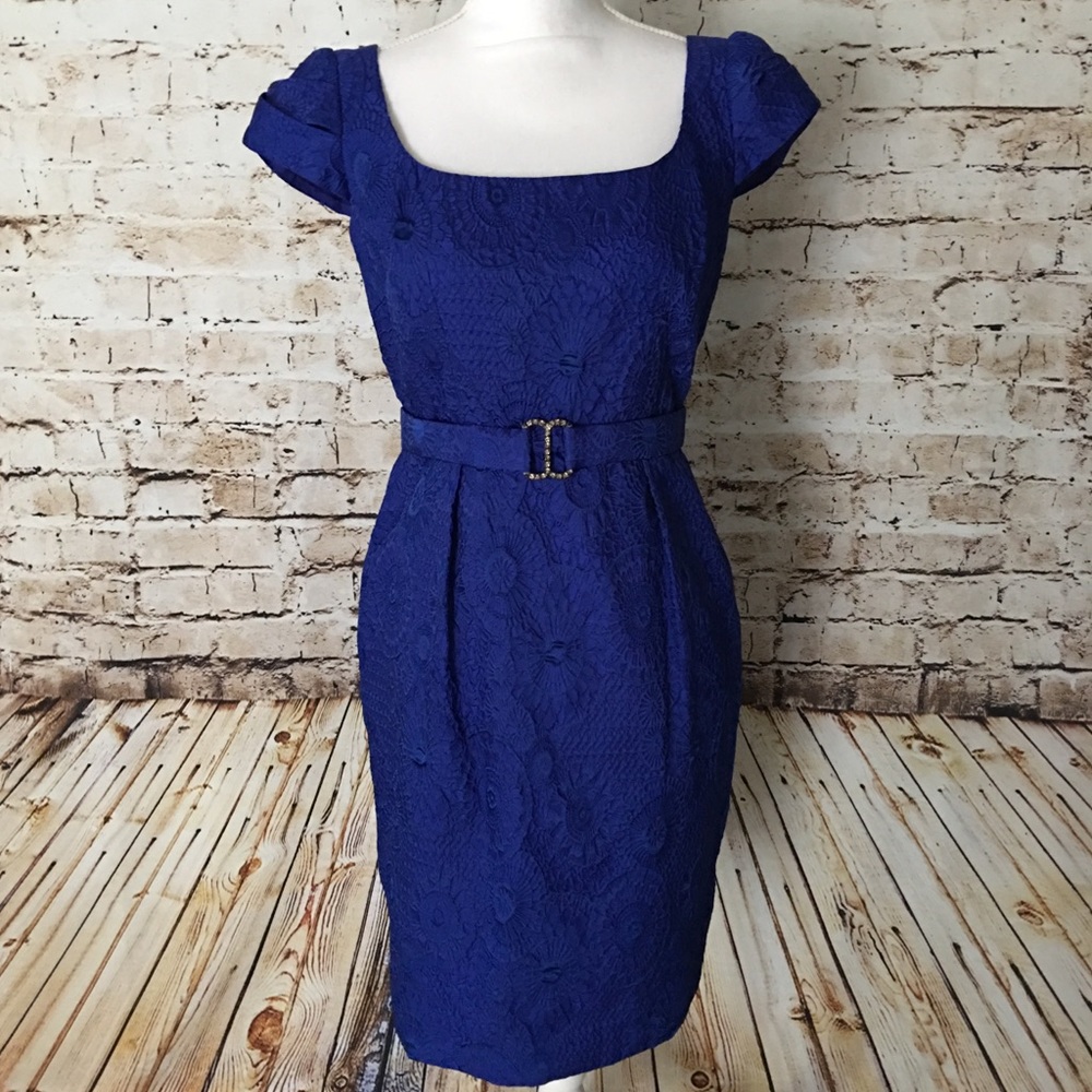 KAY UNGER Royal Blue Embroidered Belted Dress